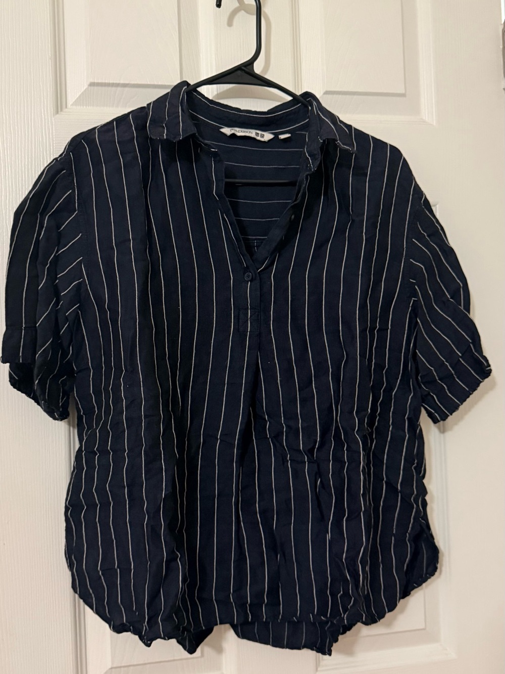 Uniqlo Navy Blue Vertical Stripe Short Sleeve Blouse